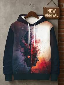 Men's Surreal Streetwear Sweater - 3D Printed Split Face Art & Flame Design Hoodie, Full-Body HD Print, Comfortable Blouse Style Sweater Suitable For Concerts, Festivals & Daily Wear, PLUS SIZE - màu đen - Xem 1
