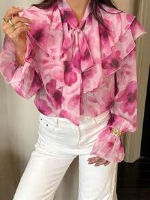 Camisa casual con botones, con volantes, estampado floral diminuto y decoración de perlas, ideal para primavera y vacaciones - Rosa - Ver 5