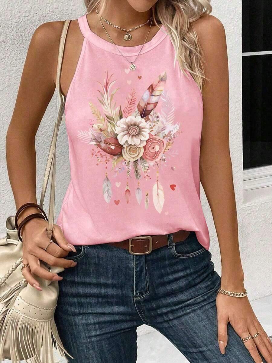 Camiseta de tirantes con cuello halter y estampado floral casual, ajuste ceñido para mujer, adecuada para el verano y el regreso a la escuela - Rosa - Ver 1
