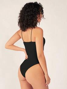 Body de verano sin mangas y sin espalda para mujer de unicolor con estilo de cuello halter - Negro - Ver 2