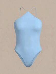 Body de verano sin mangas y sin espalda para mujer de unicolor con estilo de cuello halter - Azul - Ver 4