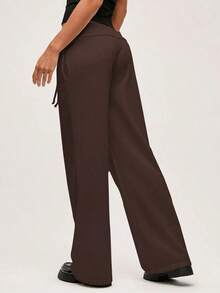 Pantalón de chándal de pierna ancha y cintura baja de unicolor de punto para mujer - Marrón - Ver 2