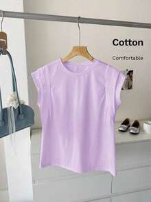 Camiseta de algodón casual de cuello redondo de doble capa con hombros anchos y sin mangas para mujeres, adecuada para uso casual diario, blanco para verano, parte superior de trabajo para verano - Púrpura malva - Ver 3