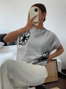 Blusa de punto de unicolor para mujer, simple y de moda, para uso diario.Blusa de punto de color gris sólido con patrón hecho a mano, con bloques de color y ribete negro, con flor 3D, para primavera.Se puede usar fuera, dentro, para uso diari - Gris - Ver 5