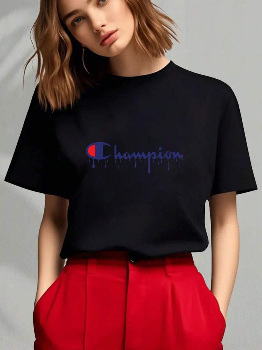 One Piece, Women's Blouses, Cute Women's Clothing, Women's Sets, Local Stores, 189g Black And White T-Shirt, Champion Drip Print, High Quality Print, Crew Neck, Basic Loose Fit, Unisex, Breathable, Quick Dry, Versatile, Machine Washable, Comfortable, Size S ~ 2XL, Daily, Casual, Sports, Summer Essential - 黑色 - 查看 1