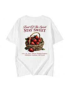 Women's Short Sleeve T-Shirt With Strawberry Basket And Letter Print, Round Neck, American Vintage Style, Casual, For Summer, White QARC - 白色 - 查看 5