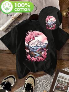 Women's Vintage T-Shirt With Japanese Print - Cherry Blossom And Mountain Landscape Design, Short Sleeve And Round Neck, Semi-Transparent Casual Top For Spring And Summer, Artistic Shirt In Breathable Fabric - 黑色 - 查看 6