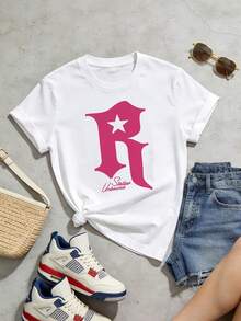 Camiseta de manga corta con cuello redondo suave y casual para mujer, con estampado gráfico de la letra R en forma de estrella, adecuada para uso diario en primavera y verano. Blanca. - Negro - Ver 5