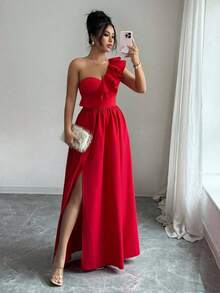 Vestido de estilo europeo y americano de última moda para mujer, sin mangas, con cuello en V, dobladillo con volantes y abertura - Rojo - Ver 6