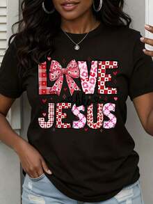 Women's "Love Like Jesus" Valentine's Day T-Shirt With Red Checkered Heart Print, Christian T-Shirt For Women, Faith-Inspired Valentine's Day Gift, Urban Vintage Style, Unisex, Cotton, Short Sleeve, Crew Neck, 100% Cotton - 黑色 - 查看 7