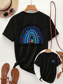 Camiseta Casual de Verano para Mujer [Doble Cara]ImprimirMujeresPrimavera/VeranoInformalEstiloConARedondoEscoteYCortoMangas,Con características destacadasAArcoírisArcoPatrón,ACentralRompecabezasPiezaYElTexto"USTEDESROPAAZULPARAAUTISMOCONSCIENCIAEncendidoElSuperiorYParte inferior,AdecuadoParaTodosEstaciones del año,100%Algodón - Negro - Ver 11