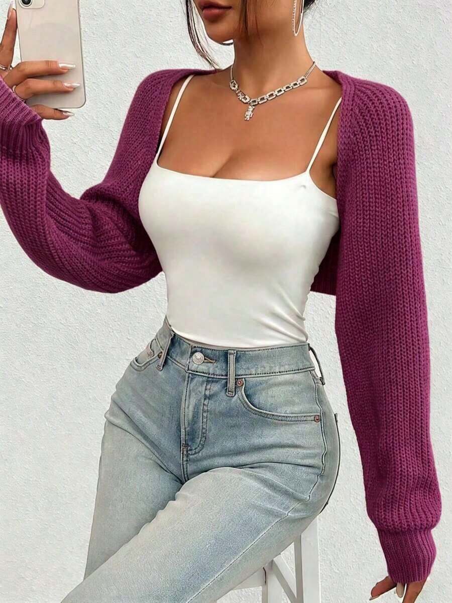 Cárdigan de punto acanalado de manga de unicolor, informal para primavera y otoño, parte superior de manga larga en blanco - Morado - Ver 1