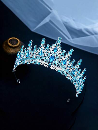 1pc Majestic Blue Tone Crown, Sparkling Blue And Transparent Crystal Details - Ideal For Royal-Themed Galas And Bridal Ceremonies
