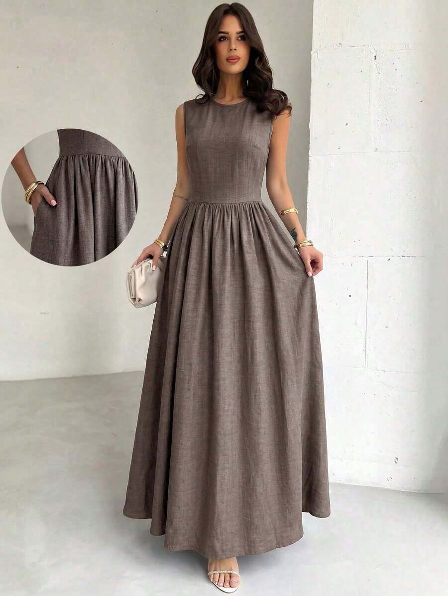 Vestido largo de línea A con fruncido azul para mujer, adecuado para el Día de San Valentín, conciertos, actuaciones, citas, fiestas, bodas, bailes de graduación, sexy, elegante, ir y venir del trabajo, vuelta al cole, vacaciones, playa, romántico - Café integral 2 - Ver 1