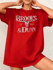 & Dunn Bull Skull Women's T-Shirt With Western Graphic Print, 100% Cotton, Crew Neck, Loose Fit, Casual Style, 1 Piece. Excellent Gifts For Friends And Family, Vintage Style. - 紅色 - 查看 7