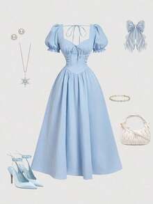 MOD Vestido elegante de longitud media con mangas cortas de pétalos y lazo delantero de unicolor para mujer - Azul - Ver 4