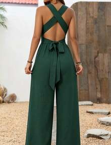 Plus Women's Halter Neck Wide Leg Jumpsuit, V-Neck Backless Crisscross Tie Waist Romper, Sleeveless Loose Fit, Lightweight Spring & Summer Outfit For Home, Outdoor & Casual Wear, All Ages,Tropical Vacation Outfits,4th Of July Outfit Women,Tropical Outfits For Women,Tropical Vacation Outfits,Women's Plus-Size Jumpsuit, - Green - View 3