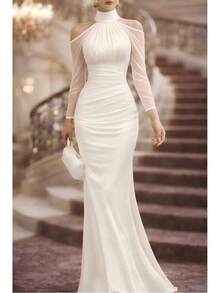 2026 New Sexy Style Of Sexy And Fashionable Party Dress With A Halter Neck, Elegant And Refined Chiffon Off-The-Shoulder Long-Sleeved Evening Gown - 淺藍色 - 查看 4
