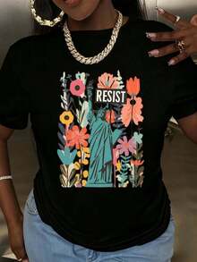 Women's T-Shirt With Statue Of Liberty Floral Print, Casual Fashion For Holidays, Round Neck, Short Sleeve, Soft And Comfortable, Pure Cotton Fabric For Daily Wear, Parties And Outings. - 黑色 - 查看 1