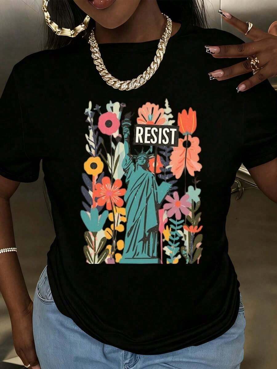 Women's T-Shirt With Statue Of Liberty Floral Print, Casual Fashion For Holidays, Round Neck, Short Sleeve, Soft And Comfortable, Pure Cotton Fabric For Daily Wear, Parties And Outings. - 黑色 - 查看 1