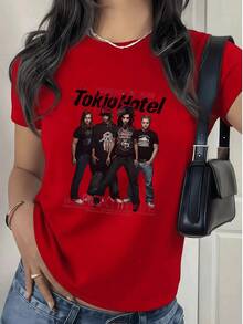 Fashionable Women's T-Shirt, Black T-Shirt For Women With Tokio Hotel Band Design, Casual And Comfortable Style, 180g, Ideal For Music Fans. - 紅色 - 查看 1