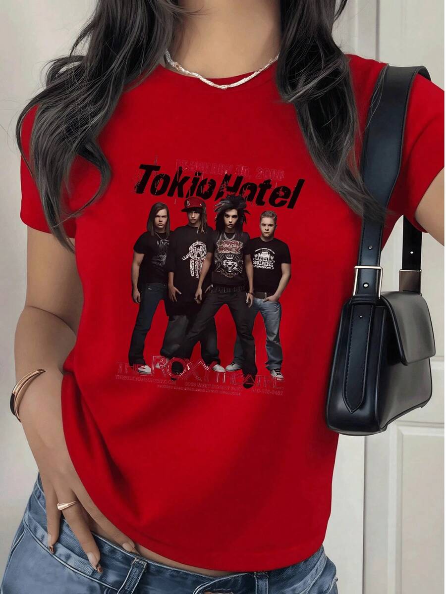 Fashionable Women's T-Shirt, Black T-Shirt For Women With Tokio Hotel Band Design, Casual And Comfortable Style, 180g, Ideal For Music Fans. - 紅色 - 查看 1