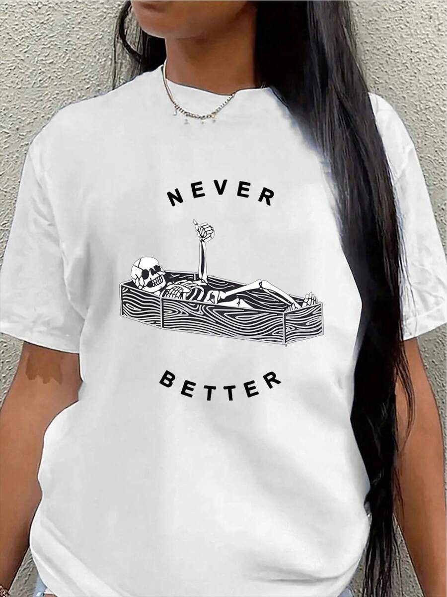 Camiseta de manga corta de poliéster, decorada con un diseño de calavera con la frase "Never So Beautiful", ligera y duradera, adecuada para uso casual en casa o en restaurantes.blusa casual mujer - Blanco - Ver 1