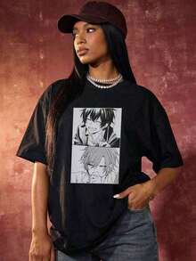 Gift: Women's Soft And Casual Short-Sleeved T-Shirt With A Round Neck, Classic Print Featuring Two Anime Characters In White With Smiling And Pouting Expressions. - 黑色 - 查看 6