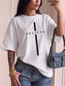 Camiseta de manga corta con cuello redondo y estampado de letras para mujer, corte regular, estilo holgado, versátil, casual, nueva para el verano - alta calidad - Blanco - Ver 3