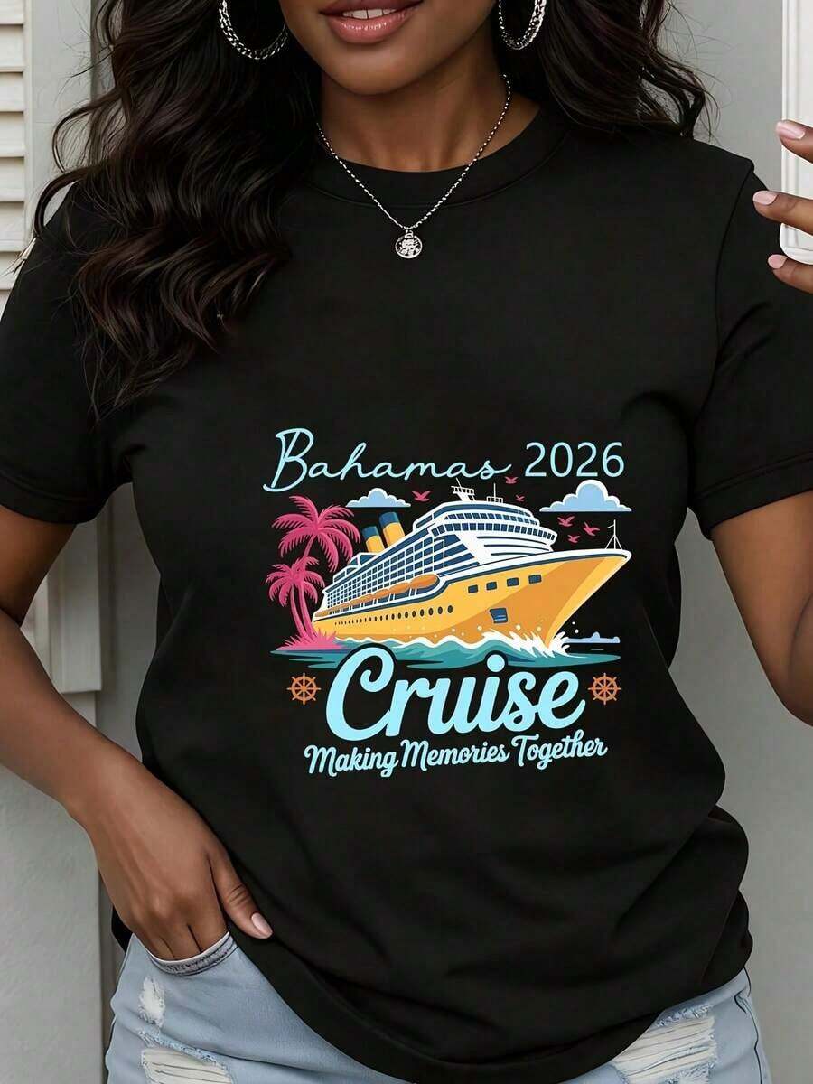Women's Crew Neck T-Shirt, Cruise Ship Print, Bahamas Palm Trees And Birds 2026, Short Sleeve, Creating Memories Together, Travel, Vacation, Beach Party, Summer Clothes, Casual Blouses For Ladies - 黑色 - 查看 1