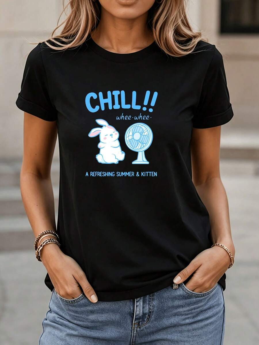 Soft Summer T-Shirt For Women With A Fun Rabbit Print, Perfect For Relaxing Outdoors. New Women's Summer T-Shirt, Casual And Comfortable, With A Round Neck. - 黑色 - 查看 1