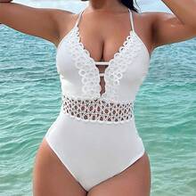 Bikini sexy para mujer con cuello halter, traje de baño de color sólido con detalle de encaje, diseño moderno - Blanco - Ver 4