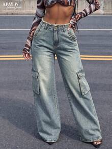 Amerikanischer Stil Jeans mit Kunstfell-Bund, lässig, abgenutzt, gerader Beinschnitt, Herbst - nostalgische Farbe - Übersicht 4