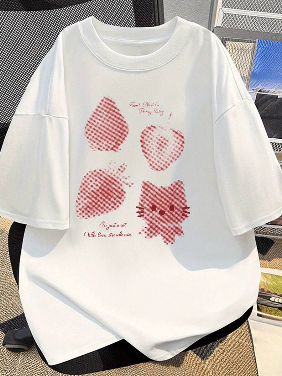 Camiseta de Algodón Puro para Hombre Manga Corta Estampado de Gato y Fresa Estilo Verano Moderno Transpirable y Cómoda para Uso Diario y Parejas Unisex Casual - Blanco - Ver 1