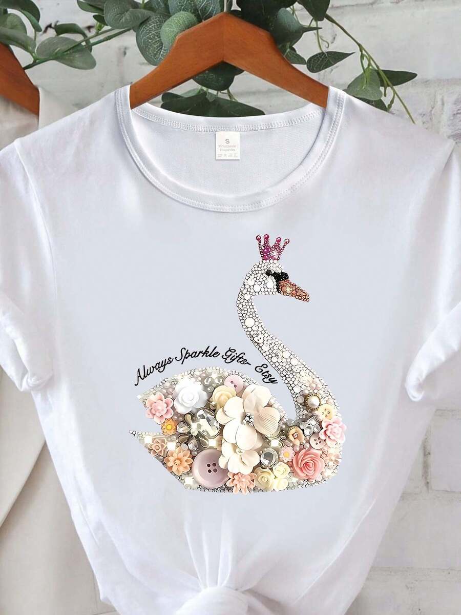 Elegant White Swan Short Sleeve T-Shirt For Women - Casual Crew Neck T-Shirt With Floral Details, Perfect For Spring And Summer, Versatile Fashion T-Shirt | Crew Neck T-Shirt | Medium Stretch Fabric - 白色 - 查看 1