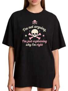 Camiseta básica de cuello redondo para mujer con un diseño premium y encantador de calaveras y huesos cruzados, tallas S-2XL, 100% en colores sólidos negro y blanco. No estoy discutiendo, solo estoy explicando por qué tengo razón. Estampado gráfico. Adecuada para uso familiar y conjuntos de pareja. Ropa casual perfecta para el verano. Regalo ideal para el Día de la Madre. Ecológica. - Negro - Ver 8