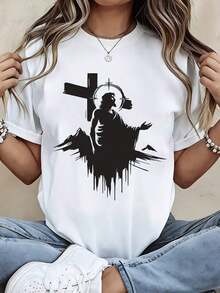 "I Can Do All Things Through Christ Who Strengthens Me" (Philippians 4:13) T-Shirt, Christian Faith Quote For Women, Loose Fit Casual T-Shirt, Suitable For Daily Wear And Light Exercise Activities, 100% Pure Cotton, Women's T-Shirt. - 黑色 - 查看 7