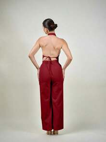 Top sin mangas con cuello en V y espalda abierta para mujer de oficina en primavera/verano y pantalones anchos de pierna, conjunto de estilismo adelgazante y alargador para ropa casual - Rojo - Ver 2