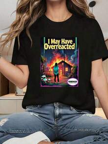 Women's Blouses. Short-Sleeved T-Shirt With A Round Neck And An Interesting Print For Women. "I May Have Overreacted Womenhood" Podcast T-Shirt With A Fantastic Art Design And A Humorous Quote For Pop Culture And Comedy Fans. Suitable For Christmas Parties, Sports Activities, Holiday Parties, Outings, Sports, And Other Christmas Gifts (220g). New Summer Blouses Available At - 黑色 - 查看 7