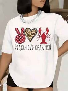 Women's T-Shirt With Graphic Print Of Peace, Love And Crab, Short Sleeve, Round Neck, Casual Summer Top, Basic Blouse For Women, Women's Blouse, Urban Style T-Shirt, Casual T-Shirt For Festivals And Daily Wear. - 白色 - 查看 6