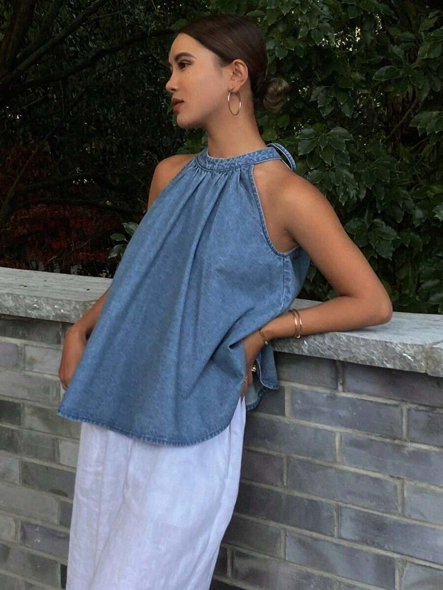Top corto sin mangas de denim con corbata en el cuello para mujer - Azul lavado medio - Ver 1