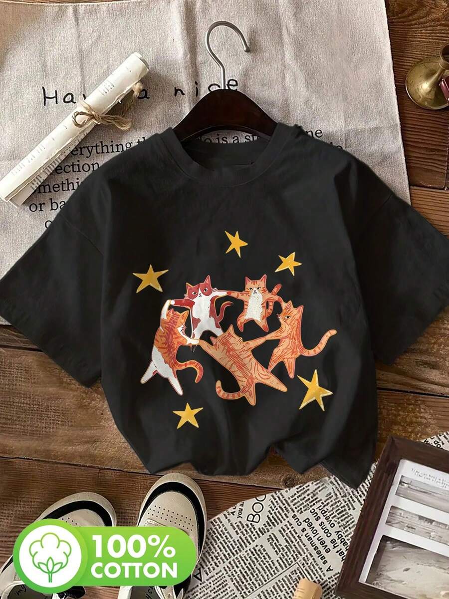 Playeras de mujer: Camisetas de manga corta con cuello redondo, estilo casual, holgadas, con estampado acogedor de gatos y estrellas, estilo ilustrado, para primavera/verano. - Negro - Ver 1