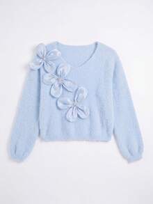 Senya 2026 Women's Baby Blue Plush Knit Sweater, 3D Floral V-Neck Long Sleeve Pullover, Sweet Romantic Soft Girl Style Comfortable Autumn/Winter Top - Blue - View 8