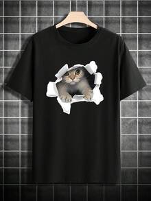 Men's Short Sleeve T-Shirt With Cat Print - Black - View 8