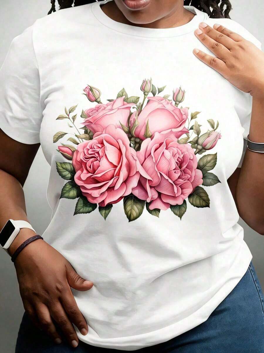 Women's Plus Size Floral Rose Bouquet Print T-Shirt, Casual Spring And Summer Fashion, Seasonal Gift Idea - Urban Vintage Style, Unisex, Loose Fit, Cotton, Short Sleeve, Crew Neck, 100% Cotton - 白色 - 查看 1