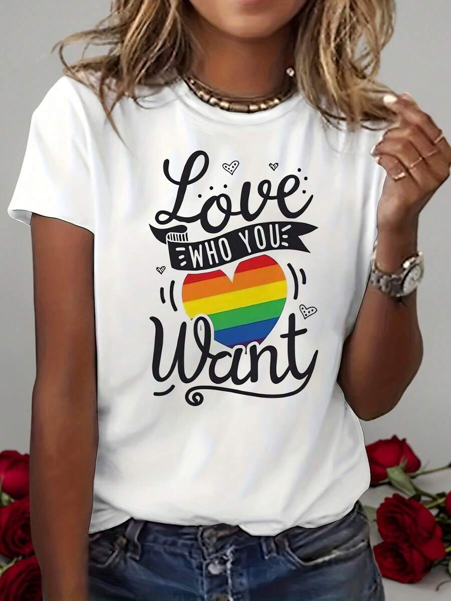 Women's T-Shirt With Handwritten "Love Who You Want" Print, Equality Themed Short Sleeve T-Shirt For Women, Versatile Casual Crew Neck T-Shirt For Women - 白色 - 查看 1