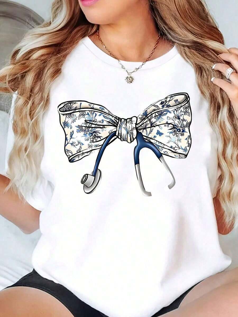 Oferta por tiempo limitado, cantidad limitada disponible, relámpago, camisas de mujer, camisetas de mujer Diseño de camiseta de cuello redondo dulce e informal: ropa femenina linda y cómoda. - Blanco - Ver 1