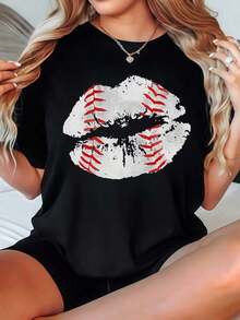 2026 Black Short Sleeve Baseball Lips Print T-Shirt Casual Clothing Blouses For Women - 黑色 - 查看 3