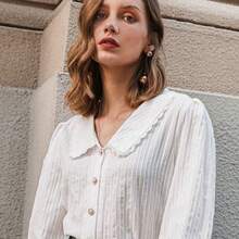 Simplee Blusa de manga abultada con cuello estilo universitario de unicolor, atuendos para maestras, regreso a la escuela en primavera blanco - Azul - Ver 3