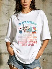 Women's Casual Blouse, Simple Style For Everyday Wear. I Claim I Was Left Unattended, And The Fabric Store Has Released A Fun Printed 180G T-Shirt, Suitable For Family Gatherings, Gifts, Casual Office Blouses For Summer, Women's Printed T-Shirt, Comfortable, Soft, Simple For Everyday Wear, Short Sleeve Top. - 白色 - 查看 1